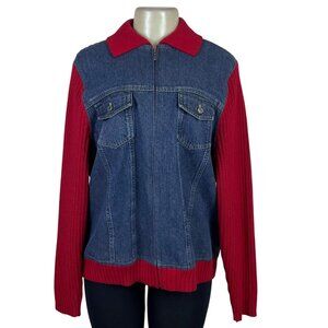 Marsh Landing Womens Red & Denim Cotton Knit Zip Front Jacket Size 1X
